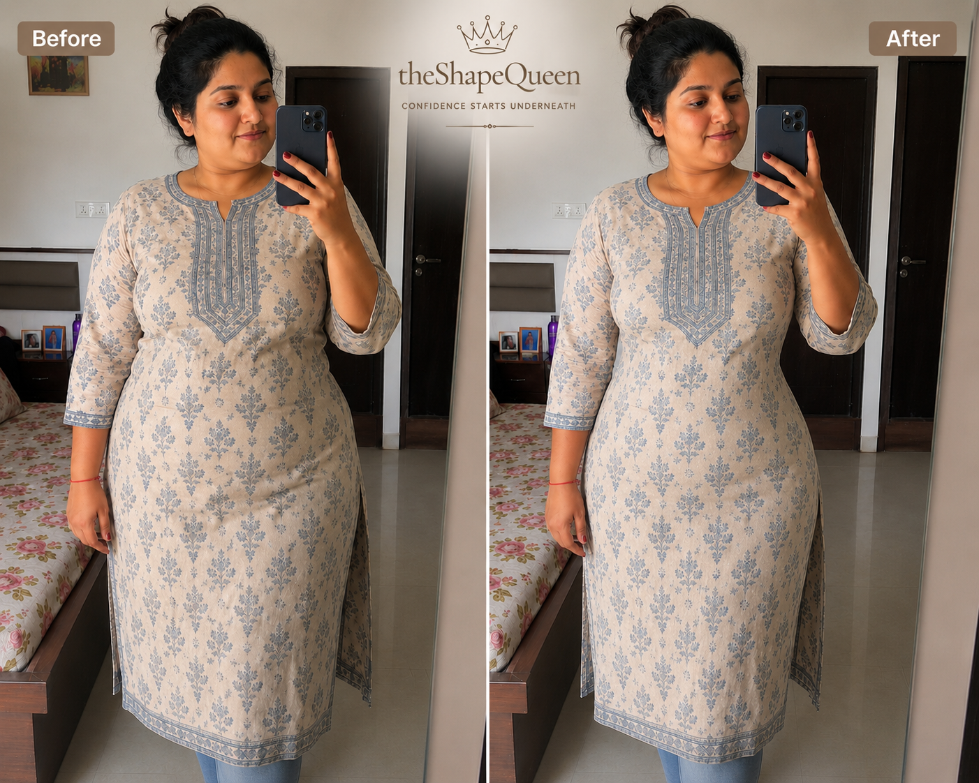 Before and after comparison of a woman wearing a floral kurta in a room.
