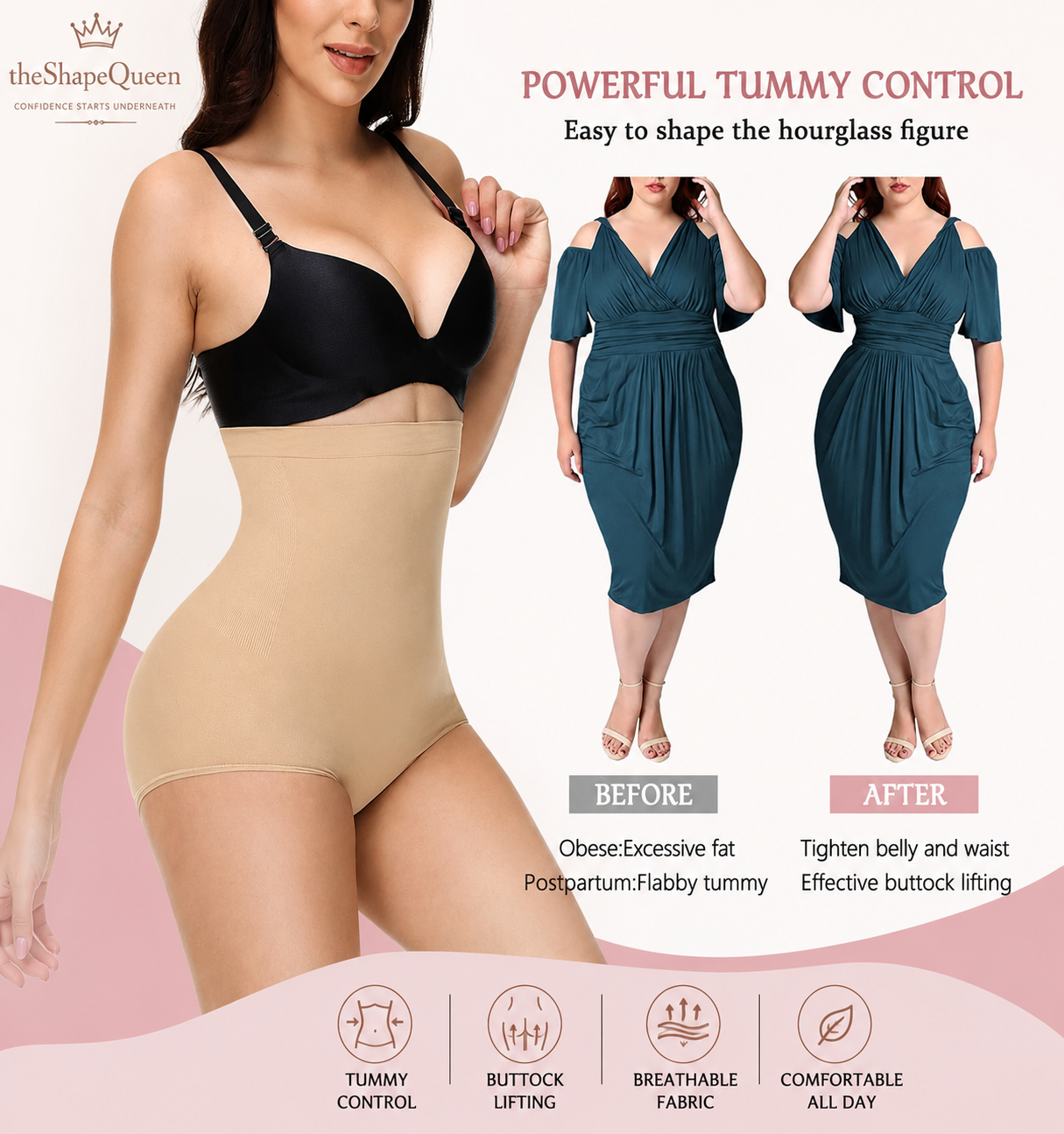 Woman wearing a shapewear product with 'The Shape Queen' branding, showing before and after effects.