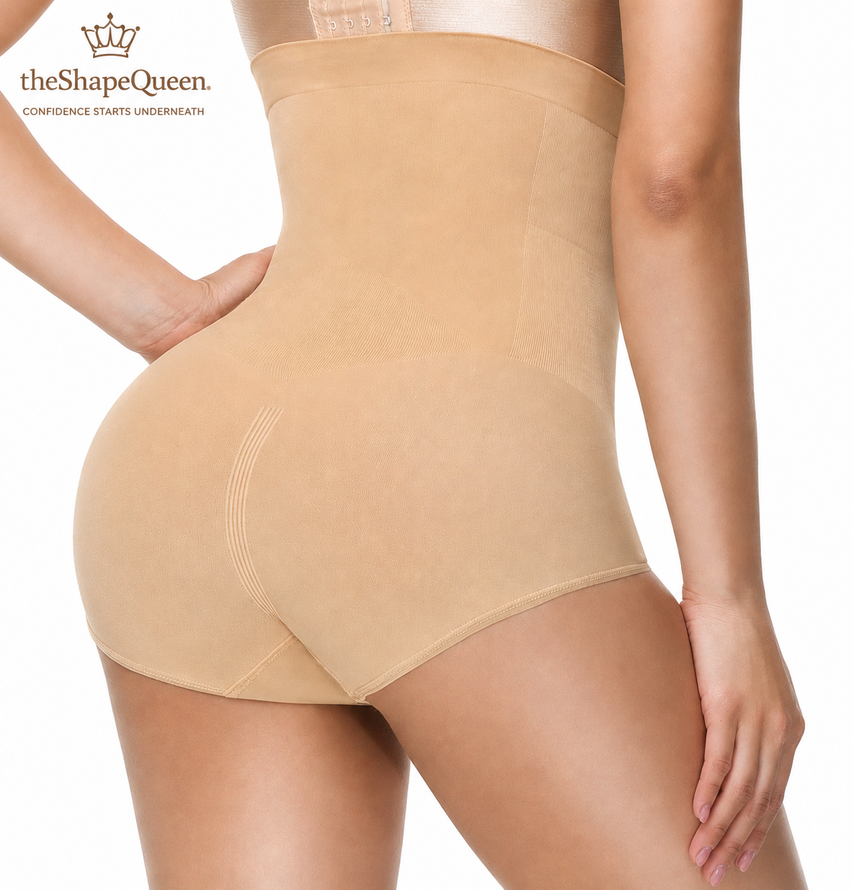 Beige shapewear worn by a model on a white background with 'theShapeQueen' branding.