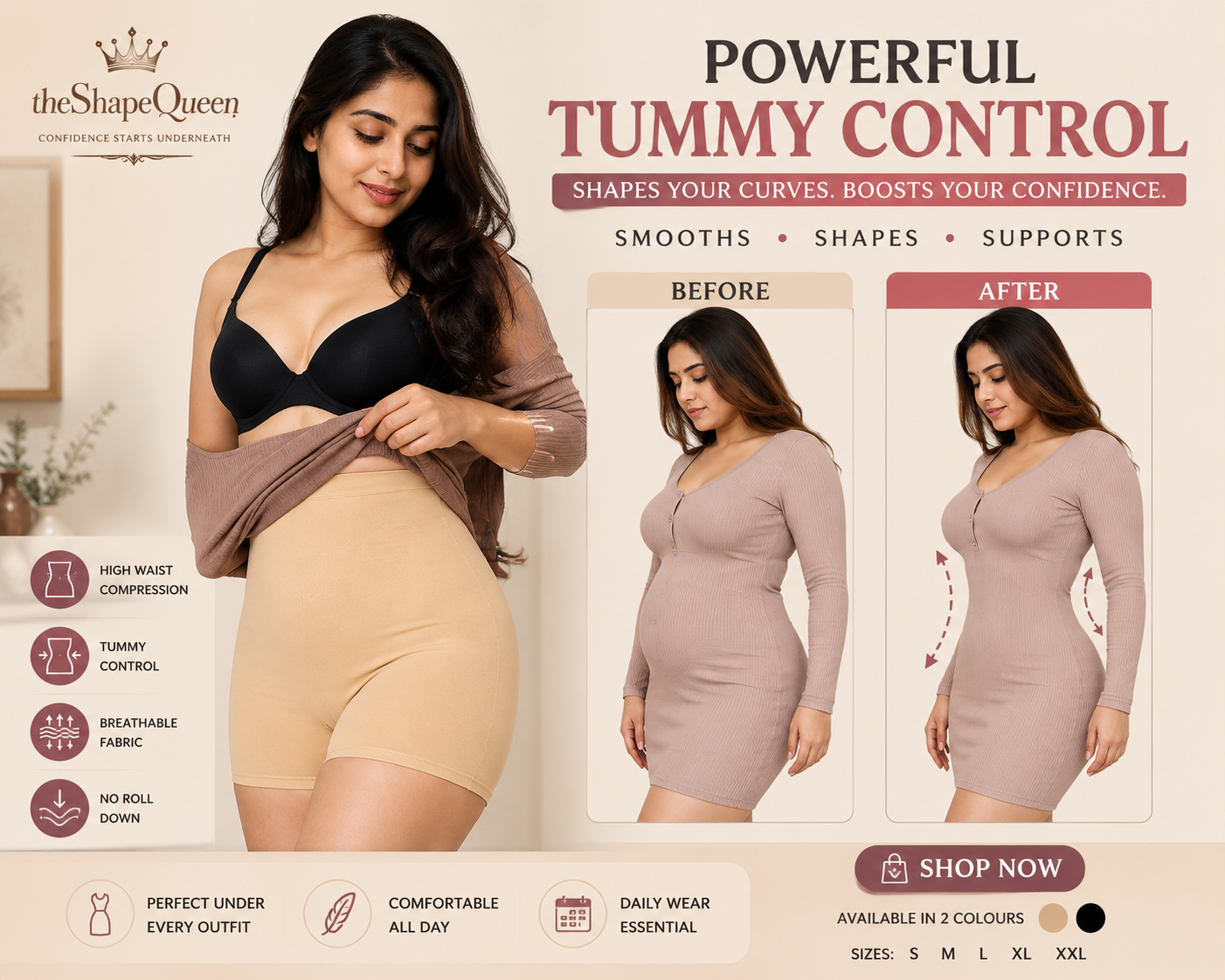 Advertisement for a shapewear product with 'The Shape Queen' branding, showing before and after effects.