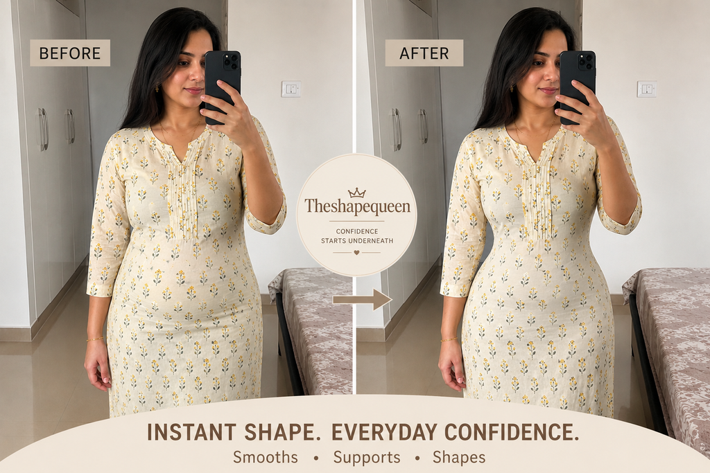 Before and after comparison of a woman wearing a fitted dress with Theshapequeen branding.