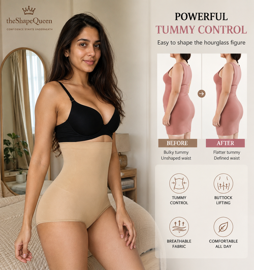 Woman wearing a shapewear product with 'theShapeQueen' branding, showing before and after effects.
